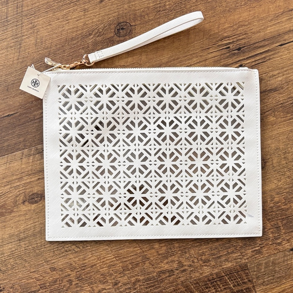 Tory Burch White Clutch Wristlet with Geometric Cutouts